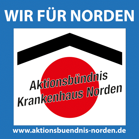 Bunter Mitmachbutton mit LOGO zum Aktionsbündnis Krankenhaus Norden