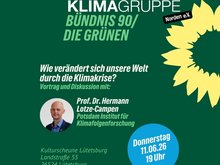 Die Logos der Klimagruppe und des Grünen Ortsverbands Norden-Krummhörn mit den Veranstaltungsdaten und einem Bild von Prof. Dr. Hermann Lotze-Campen